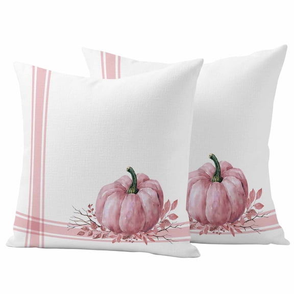 Pink Pumpkin Outdoor Waterproof Pillow Covers, Thanksgiving Fallen Leaves Autumn Stripe Decorative Square Throw Pillowcase Sofa Cushion Sham for Patio/Couch/Chair, 24"x24" 2 Pack