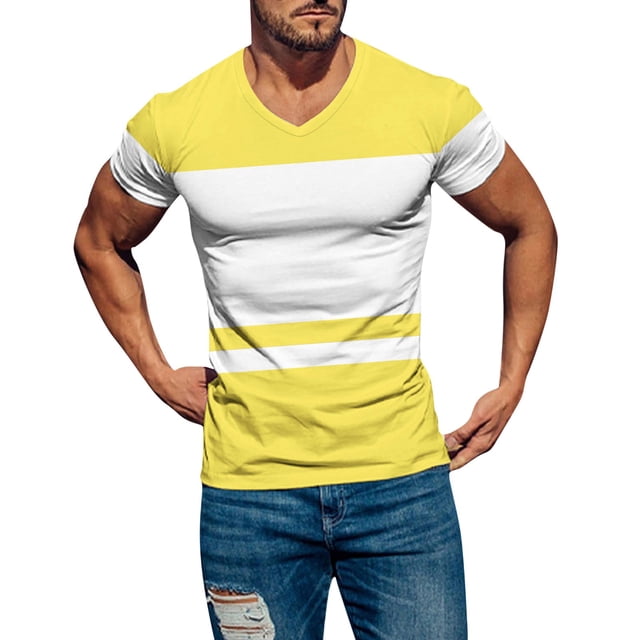HBFAGFB Mens Fashion V Neck Slim Fit Short Sleeve T Shirts Lightweight Color Block Tops Yellow Size L