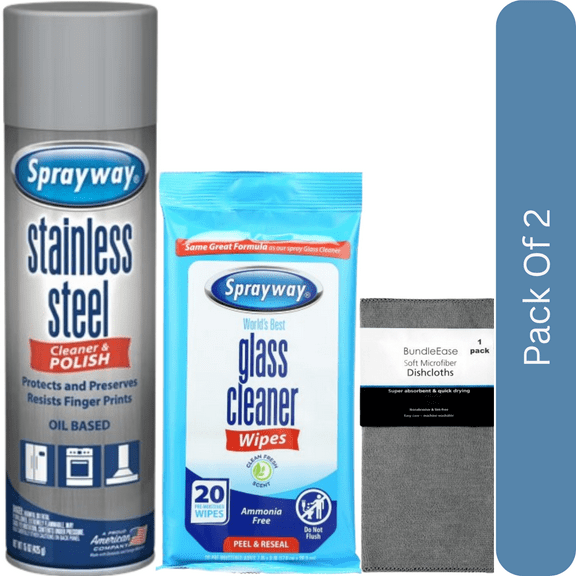 Sprayway Stainless Steel & Glass Cleaner Wipes Bundle, 15 oz 20 Wipes, with Microfiber Solid Color Towel by BundleEase