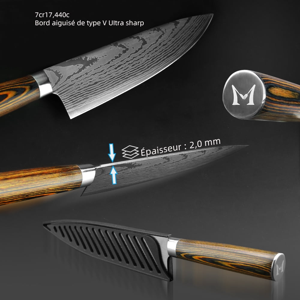 7Pcs Kitchen Knives Set, High-Carbon Steel Damascus Laser Chef Knife with Ergonomic Wooden Handle,Sharp Cutting Knives for Cooking