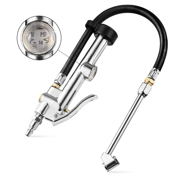 CZC AUTO Gonfleur de Pneus, Manomètre de Pression d'Air avec Tuyau en Caoutchouc, Double Tête 10-120 Psi, Robuste, Jauge de Gonfleur de Pneus 1/4 Pouces FNPT Compatible avec Pompe à Air Compresseur pour Camion VR Autobus Voiture Motocyclette