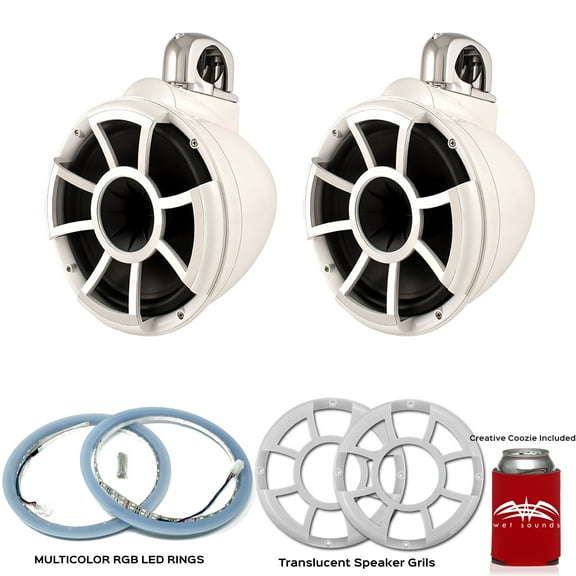 Wet Sounds REV10W-FC Fixed Clamp Tower Speakers with LEDKITREV10-RGB RGB LED Rings & Translucent Grills - White