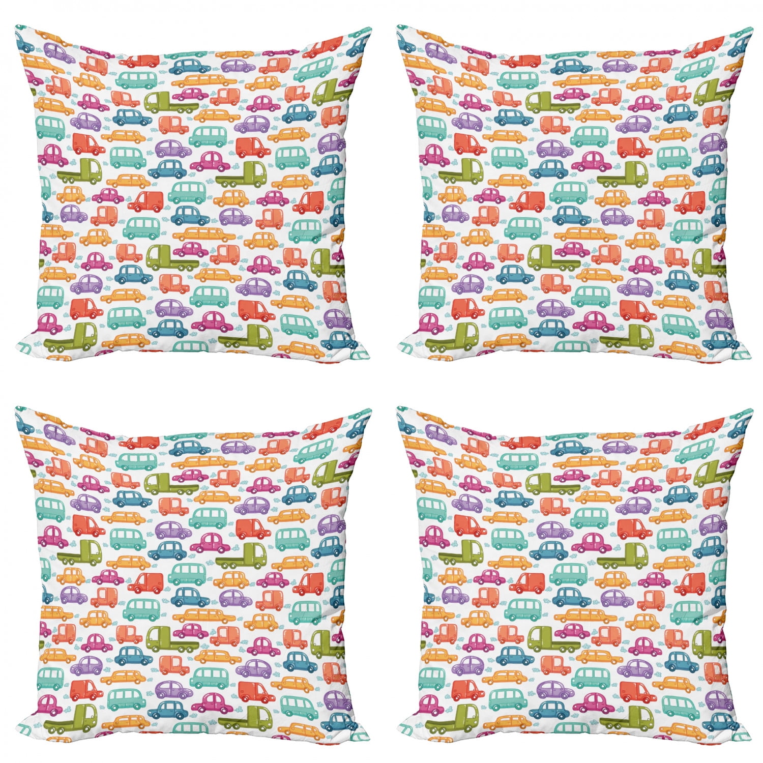 Cars Throw Pillow Cushion Case Pack of 4, Doodle Style Cars with