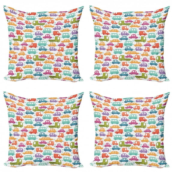 Ambesonne Cars Throw Pillow Cover 4 Pack, Vibrant Doodle Style Rides, 20", Multicolor