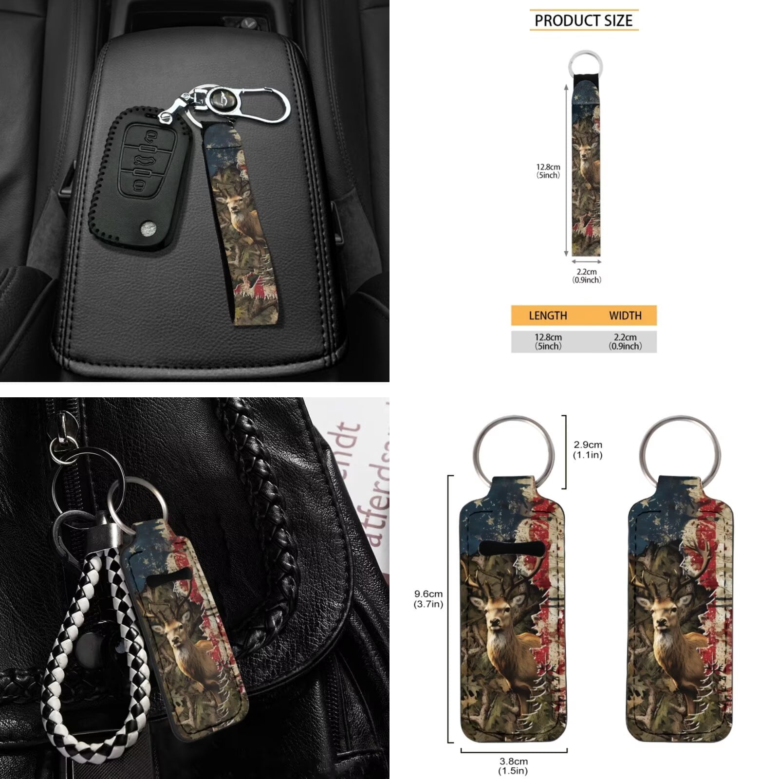 Garronmavis American Flag Forest Deer Car Seat Cover Full Set 16 Pieces Belt Pads Cover Keychain Holder Gear Shifting Knob Cup Mats