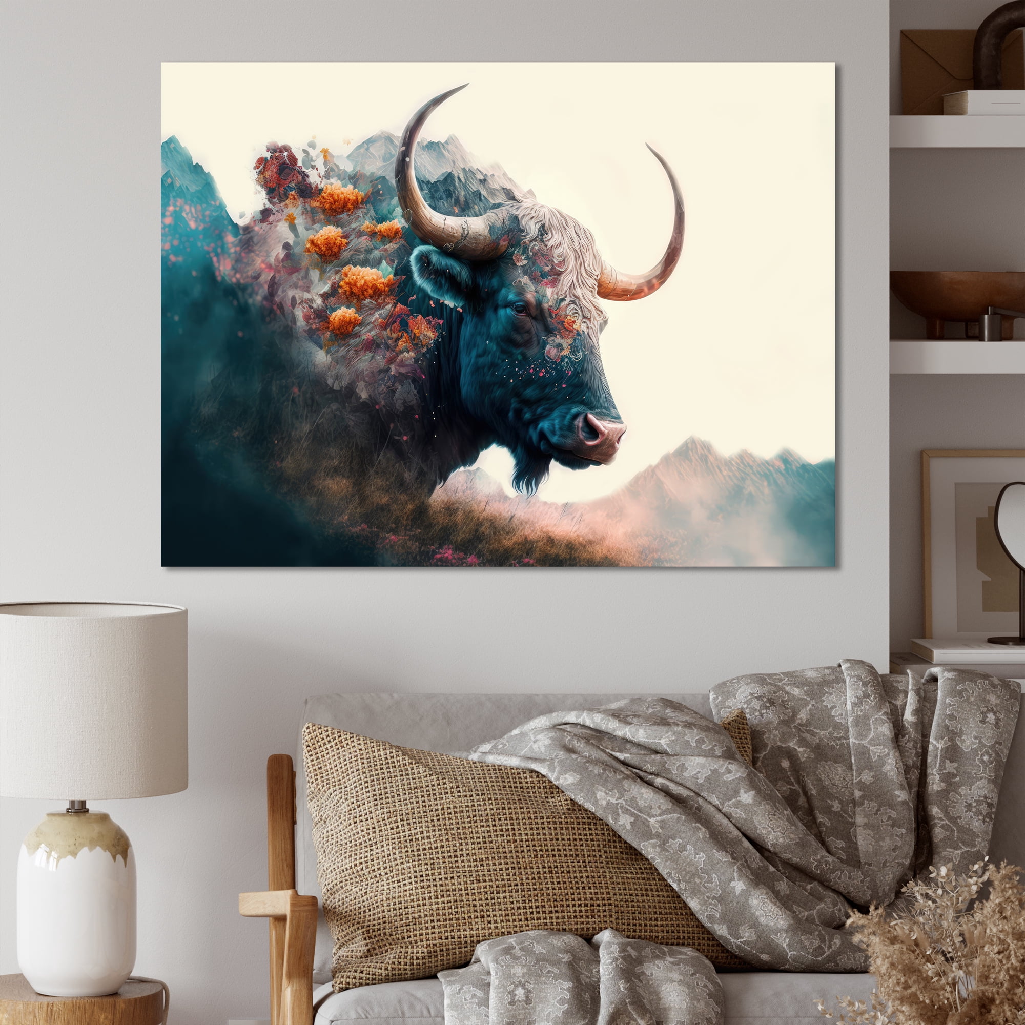 Designart Double Exposure Of A Taurus With Nature Landscape II Canvas Wall Art