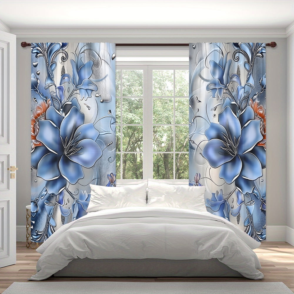WNOOHIY Silver-Blue Lily Floral Pattern Light-filtering Curtains for Young People Bedroom Living Room,Set of 2 Panels