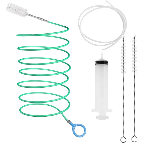 Kit 5 Pcs Cepillo Limpiador Tuberías Drenaje Quemacocos,Cepillo de Limpieza de Desagües de Coche de 5 M con Manguera,Jeringa,2 cepillos de limpieza de 1 M,Ideal Limpieza Profunda para Desagües