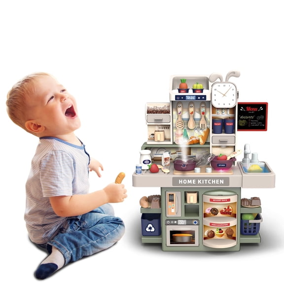 Kids Kitchen Playset, Play Kitchen Toy with Realistic Lights & Smoke, Pack and Play, Kids Cooking Sets Real for Toddlers 1-3