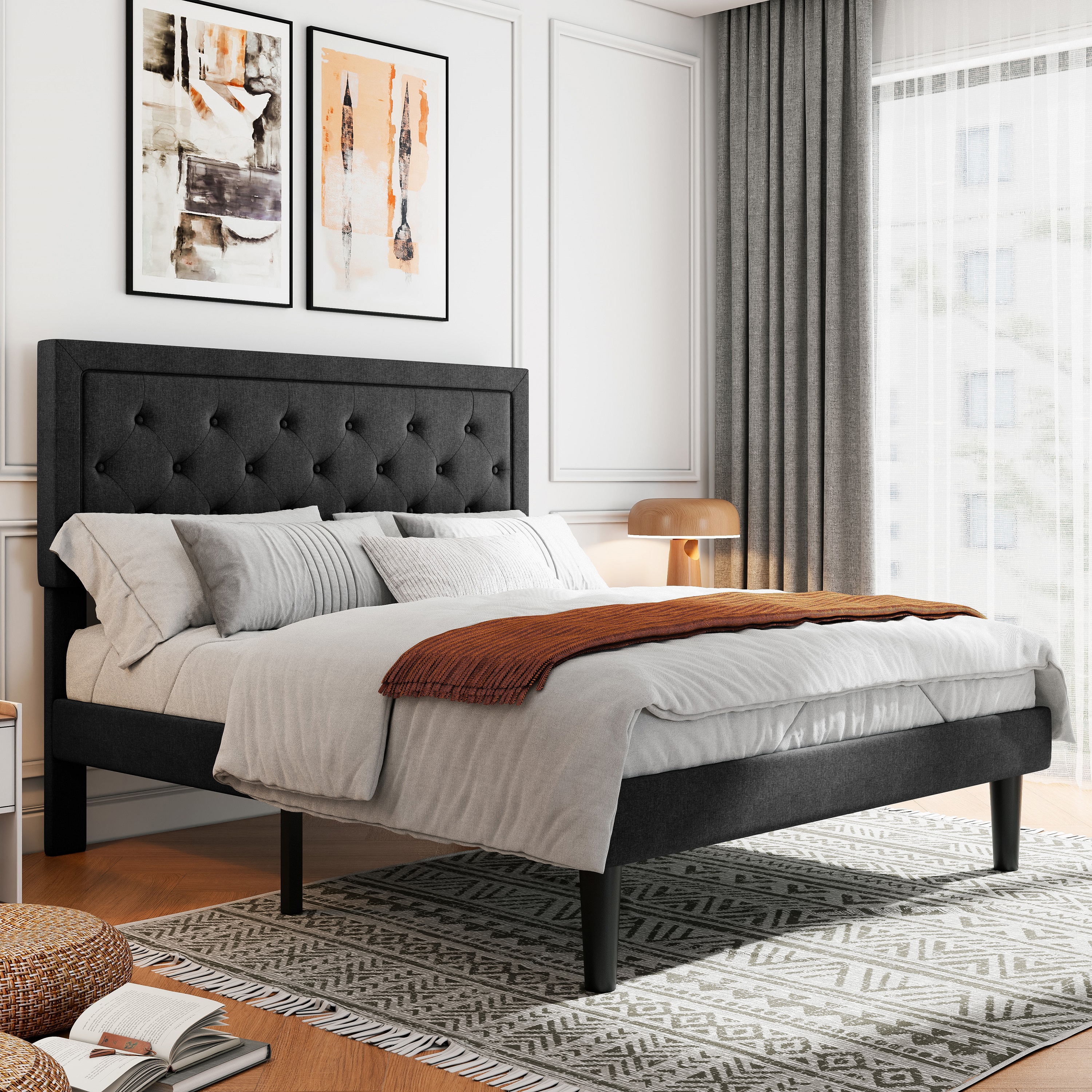 Sifurni Queen Bed Frame Upholstered Platform Bed with Adjustable Headboard, No Box Spring Needed, Black