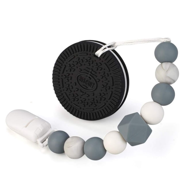 Juguetes para la dentición del bebé para bebés de 3 a 12 meses, mordedores de silicona con soporte para cuentas de alivio y clips para chupete, diseño de galletas para niños y niñas (negro) Sailing Electrónica
