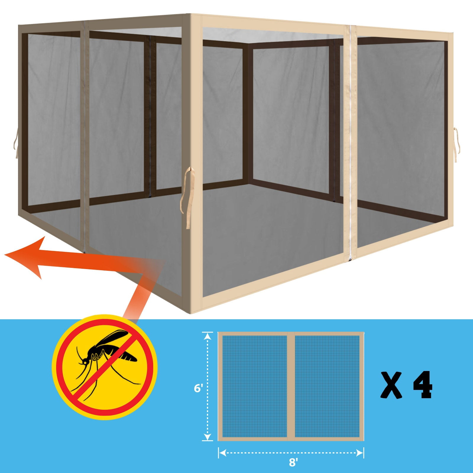 ALUVIERA Canopy Replacement Sidewalls Mosquito Netting Screen Walls for 8x8 FT Gazebo, 4 Pack,(8'Wx6'H,Beige)