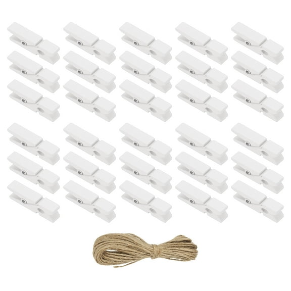 Uxcell 1.4" Wooden Colored Clothes Pins, 50Pcs Mini Colorful Wooden Clothes Clips with 32Ft Jute Twine Strong Grip Photo Clips for Pictures Hanging Clothes Decorative Crafts, White