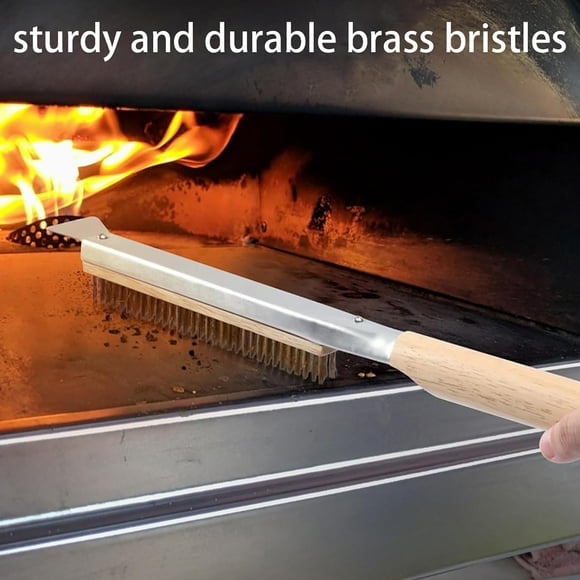Brosse de Nettoyage de Cuisine Robuste avec Manche en Bois et Récurant en Acier Inoxydable pour Pizza, Four, Gril, Poêle, Casserole