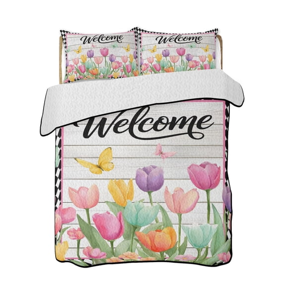 Quilt King Size Bedding Set, Colorful Tulip Reversible Summer Quilt 3 Pieces, Farmhouse Floral Welcome Black Checker Lightweight Bedspreads Coverlets with 2 Pillow Shams for All Seasons