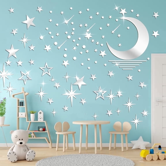 IBEQUEM 126 Pcs Acrylic Mirror Wall Stickers, Moon Star Wall Decal Mirror 3D Stickers Set, Removable Decals for Bedroom Living Room Decor, Silver