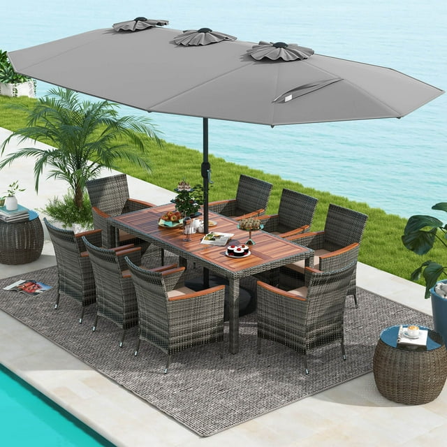 Costway 10 Pieces Patio Wicker Dining Set with Double-Sided Patio Umbrella 8 Armchairs Grey
