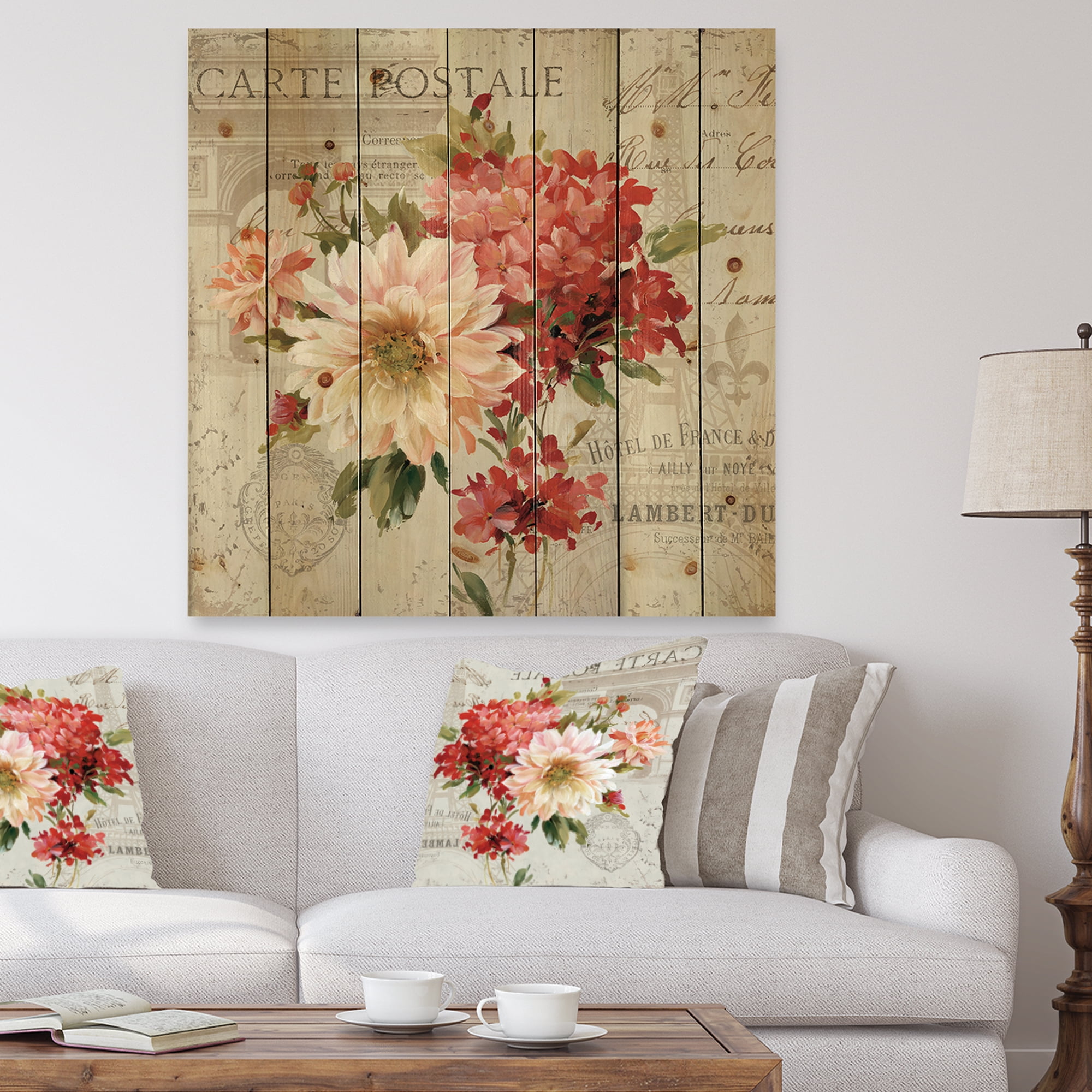 Designart 'Red Painted Flowers on Vintage Postcard III' Farmhouse Print on Natural Pine Wood