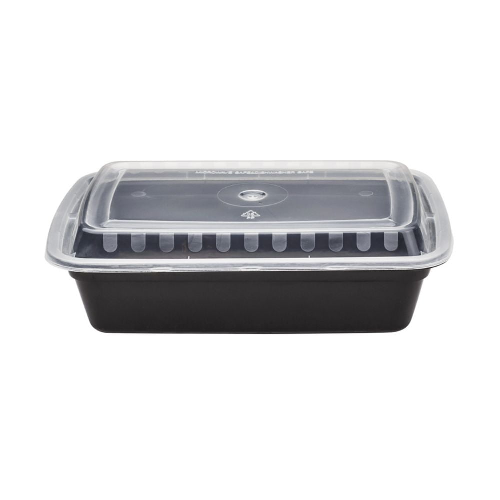 Karat Im-fc1030b-2c 38 oz. PP Injection Molding Microwaveable Food Containers with Clear Lids, 2-compartment, Rectangular - Black (Case of 150)
