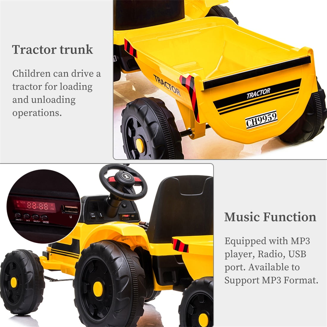 Private Jungle Ride on Tractor, Battery-Powered Toy Tractor with Trailer, 3-Gear-Shift Ground Loader Ride On with LED Lights and USB&Bluetooth, Yellow, Unisex