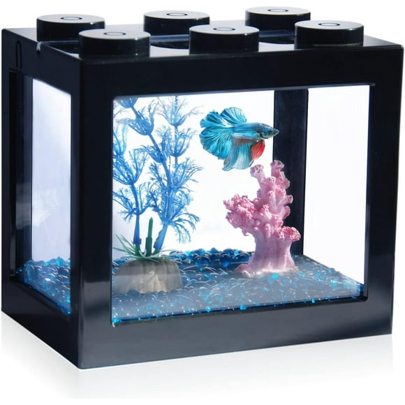 Betta Fish Tanks, Aquarium Tanks, Stackable Mini Fish Tank Aquarium Tank Kit, 3/5 Gallon Rectangular Fish Bowl with Aquarium Gravel Decoration, Cube Tank for Seaweed Balls Sea Monkeys, Black
