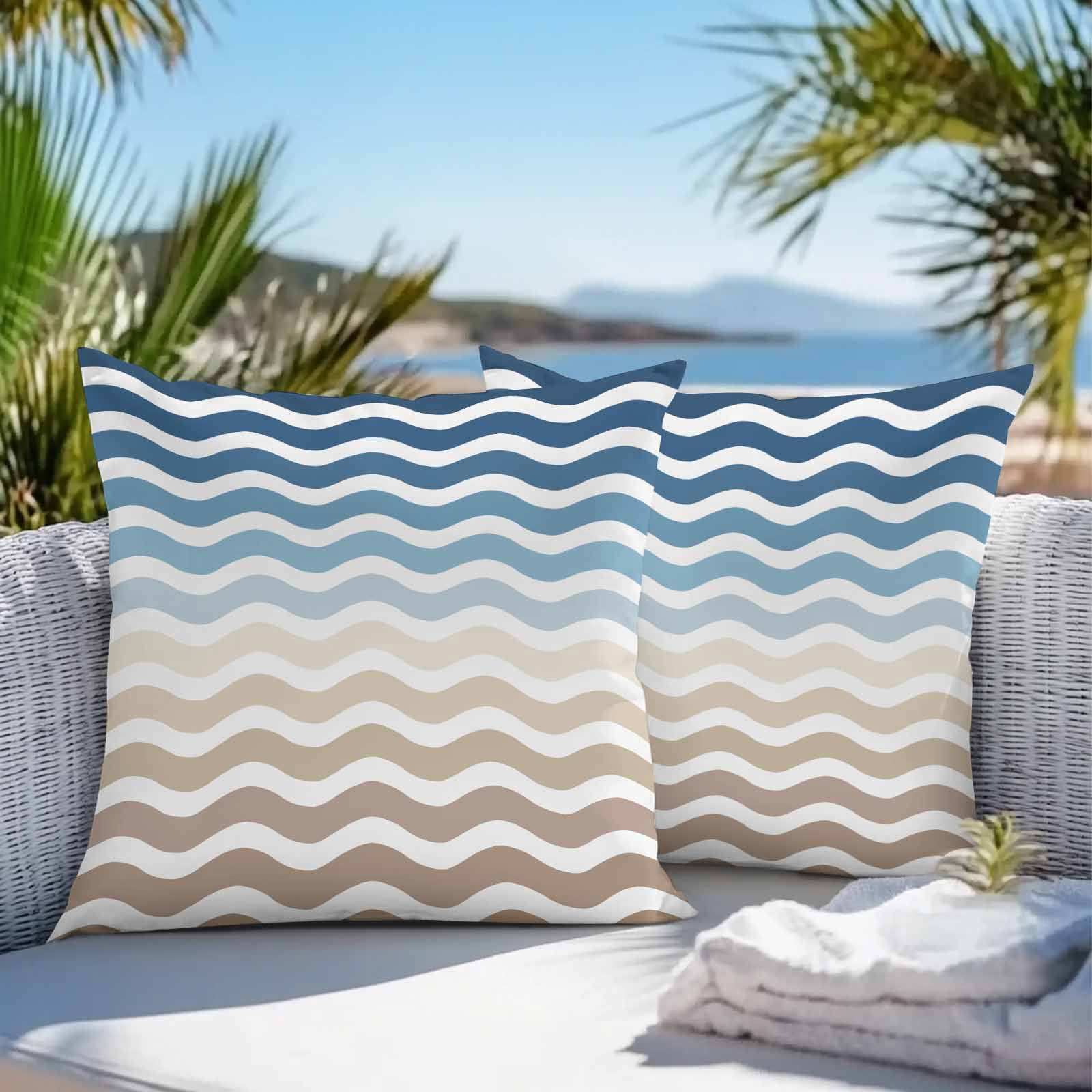 Blue Brown Gradient Outdoor Pillow Covers Set of 2 Water Ripple Waterproof Throw Pillow Case Decorative Square Cushion Cover for Patio Couch Garden Balcony, 18"x18"