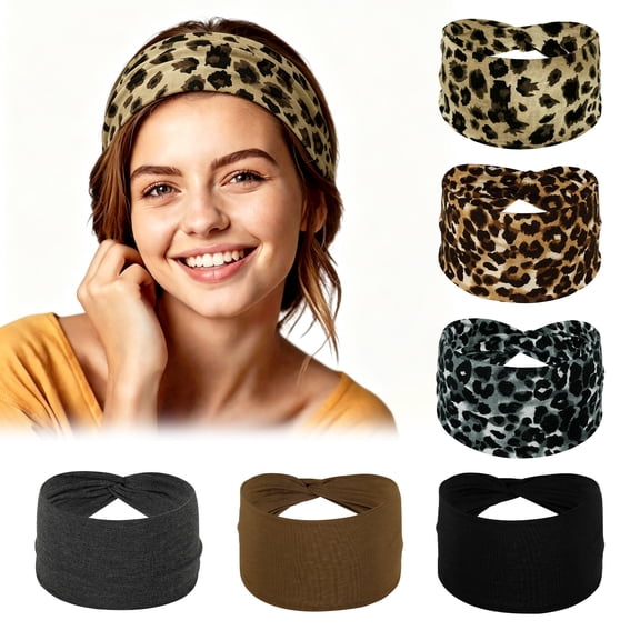 Hengguang 6 Pack Women's Boho Leopard Print Wide Sport Headbands, Non-Slip Elastic Yoga Headbands for Running & Gym, 6 Colors Sweat-Wicking Workout Stretch Hair Bands, 7.9" x 3.9"