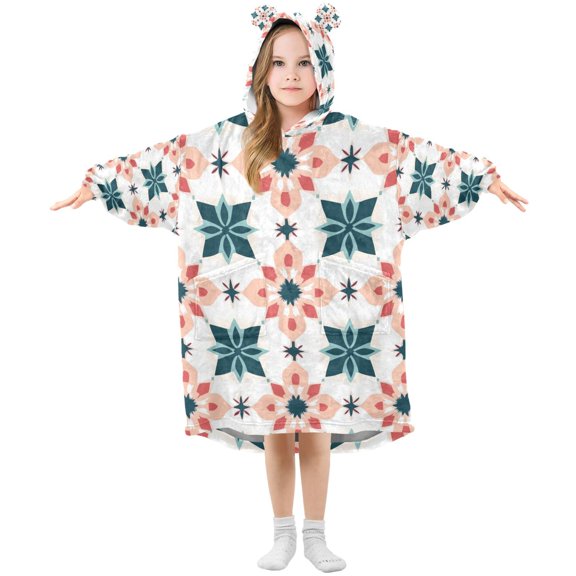 FORMRS Wearable Blanket Hoodie with Sleeves for Kids Cozy Flannel Sweatshirt, Flowers Geometric Pattern