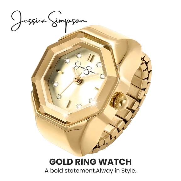 Jessica Simpson Women's Gold Adjustable Ring Watch – Gold Octagon Bezel, Quartz Analog Mini Dial, Stretch Band Fashion Jewelry Accessory