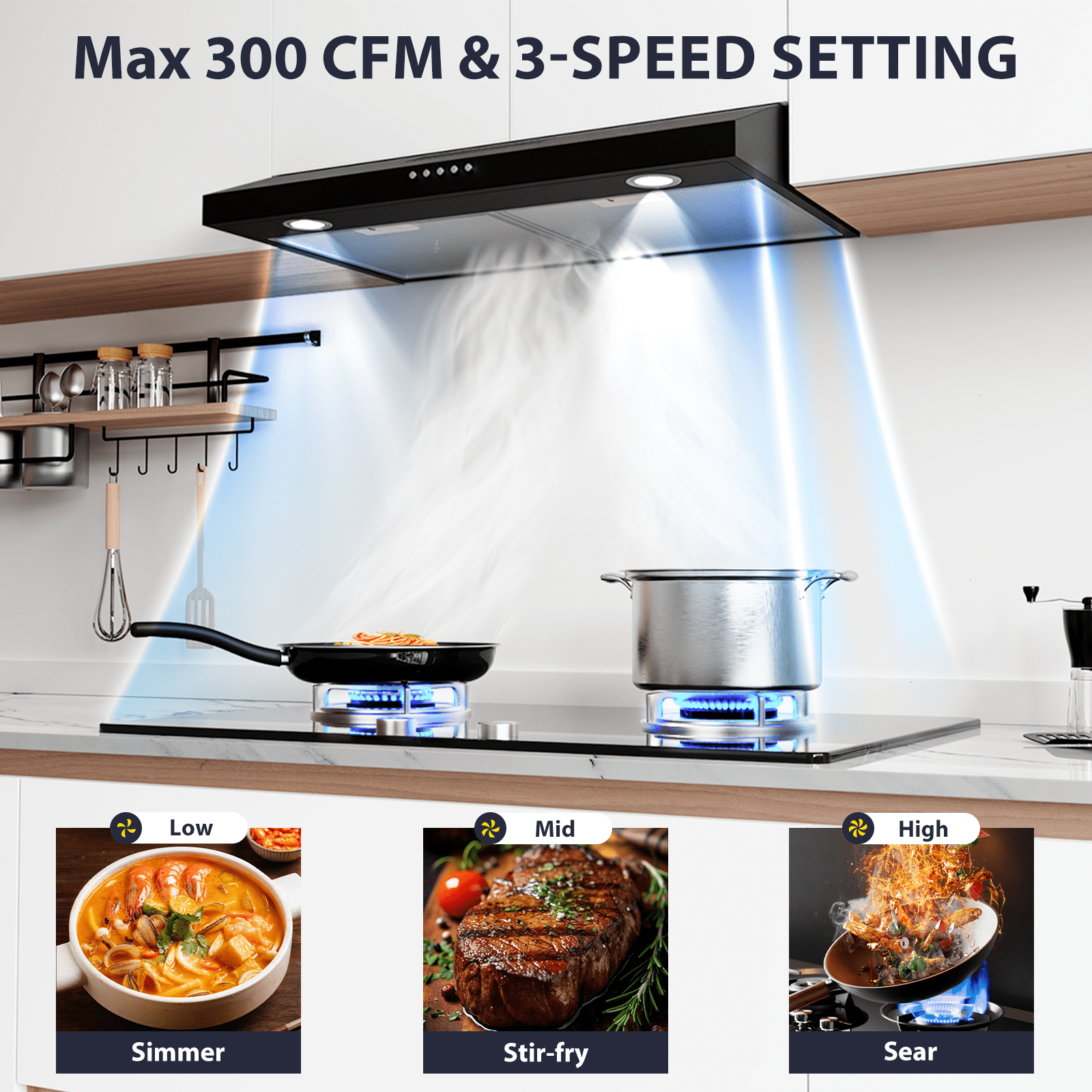 TYEMUI 30 Inch Under Cabinet Plug-in Range Hood, Extractor de Cocina para la Estufa,Kitchens Range Hood 30 inch,Ductless Vent Hood with Touch Control and LED Lights