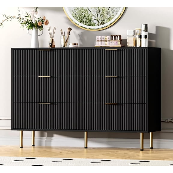 6 Drawer Dresser for Bedroom Chest of Drawers, 47" Wide Fluted Dresser with Drawers, Modern Wooden Double Dressers with Metal Handles for Living Room, Hallway