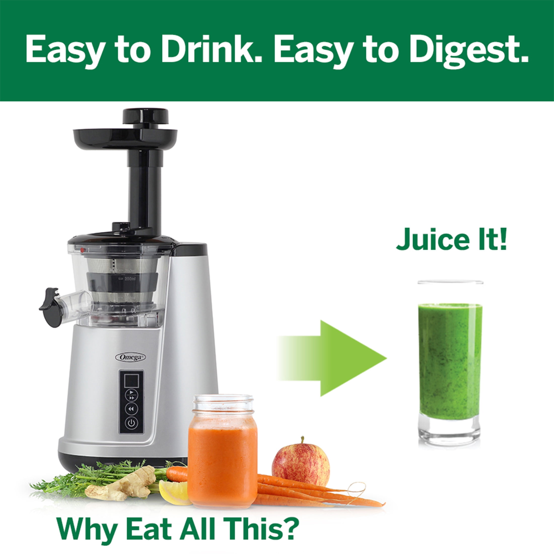 Omega Cold Press 365 Compact Masticating Vertical Juicer, 120W Low-Speed 3-Stage Auger, in Silver (JC3000SV13)