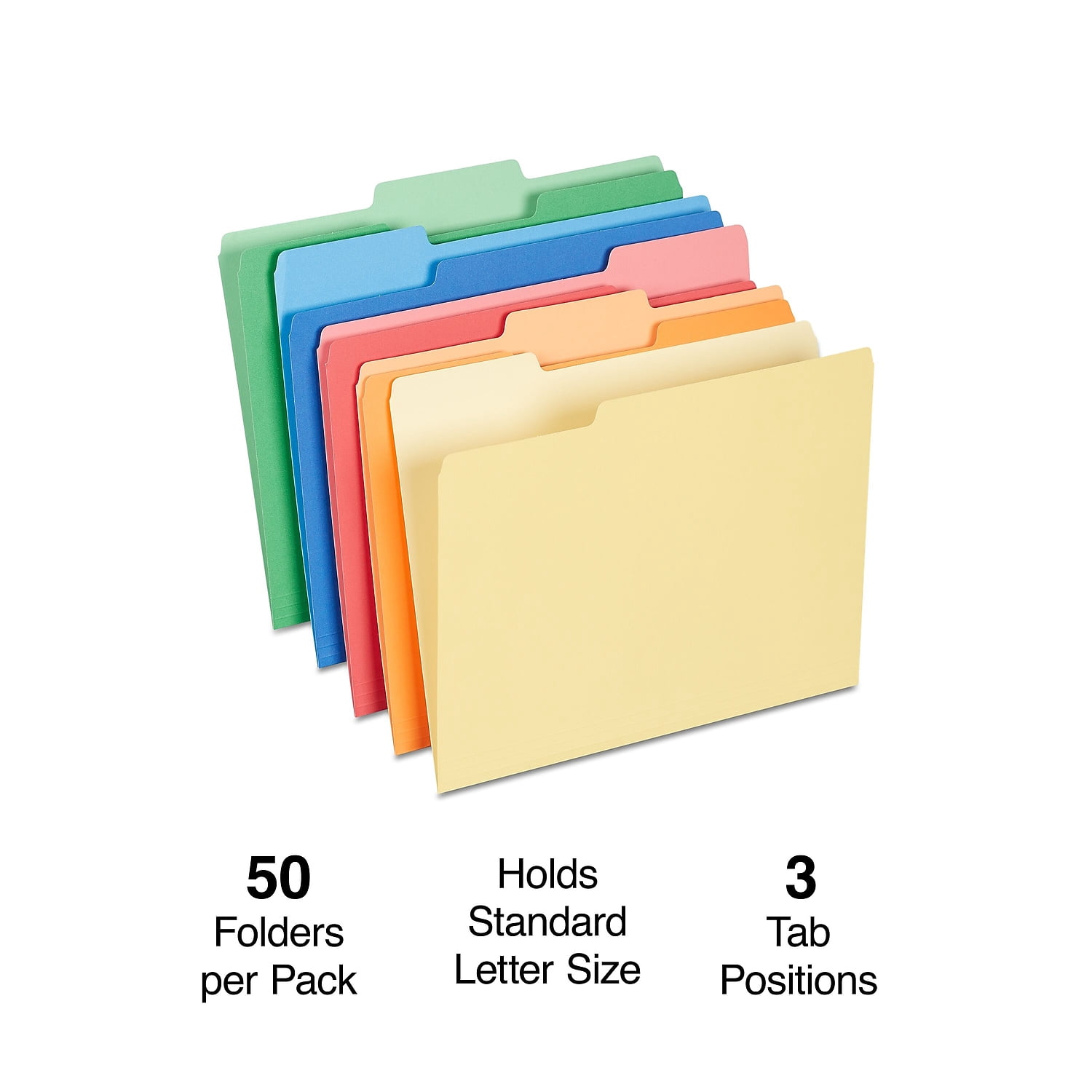 Staples Heavyweight File Folders 1/3-Cut Tab Letter Size Assorted Colors 50/Box (ST18363-CC) 810351