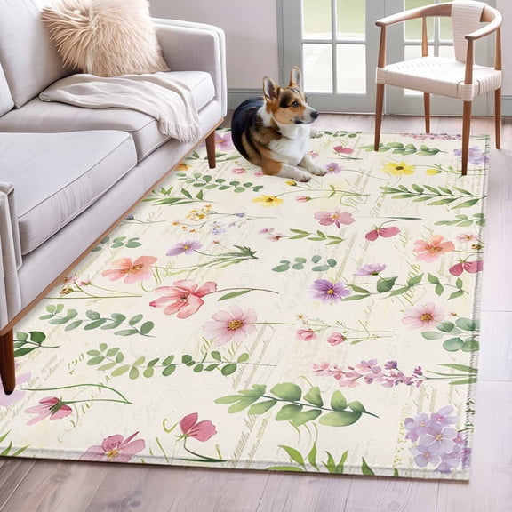 3'x5' Rug for Living Room Bedroom, Pink Spring Floral Washable Area Rugs Non-Slip Carpet Mats, Flowers Elegant Pastoral Botanical Indoor Low Pile Area Rug Runner for Kitchen, Mudroom