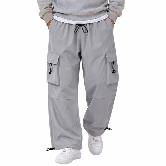 Men's Cargo Casual Pants Drawstring Elastic Waist Straight Leg Trousers Lightweight Trendy Loose Fit Pants with Pockets Light Gray 5XL