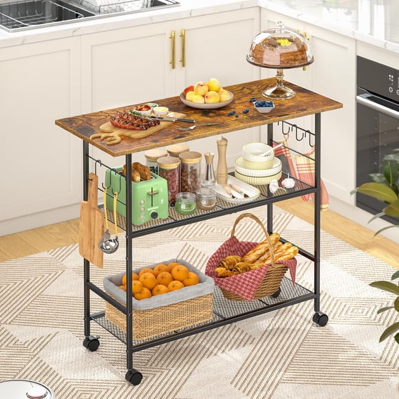 Carrito de Cocina TresHio con Ruedas, 3 Estantes y 6 Ganchos
