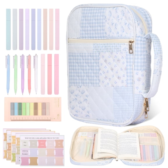 GASTROPOD Bible Cover Case for Women,Large Quilted Bible Carrying Case with Durable Handle,Bible Study Supplies Kit with 5 Ballpoint Pens,12 Bible Highlighters,75 Bookmarks and 200 Labels