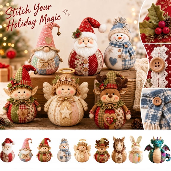 Christmas Patchwork Fabric Doll DIY Kit - Pick 1 of 9 Styles, Pre-Cut Sewing Set, Holiday Home Decor & Handmade Gift
