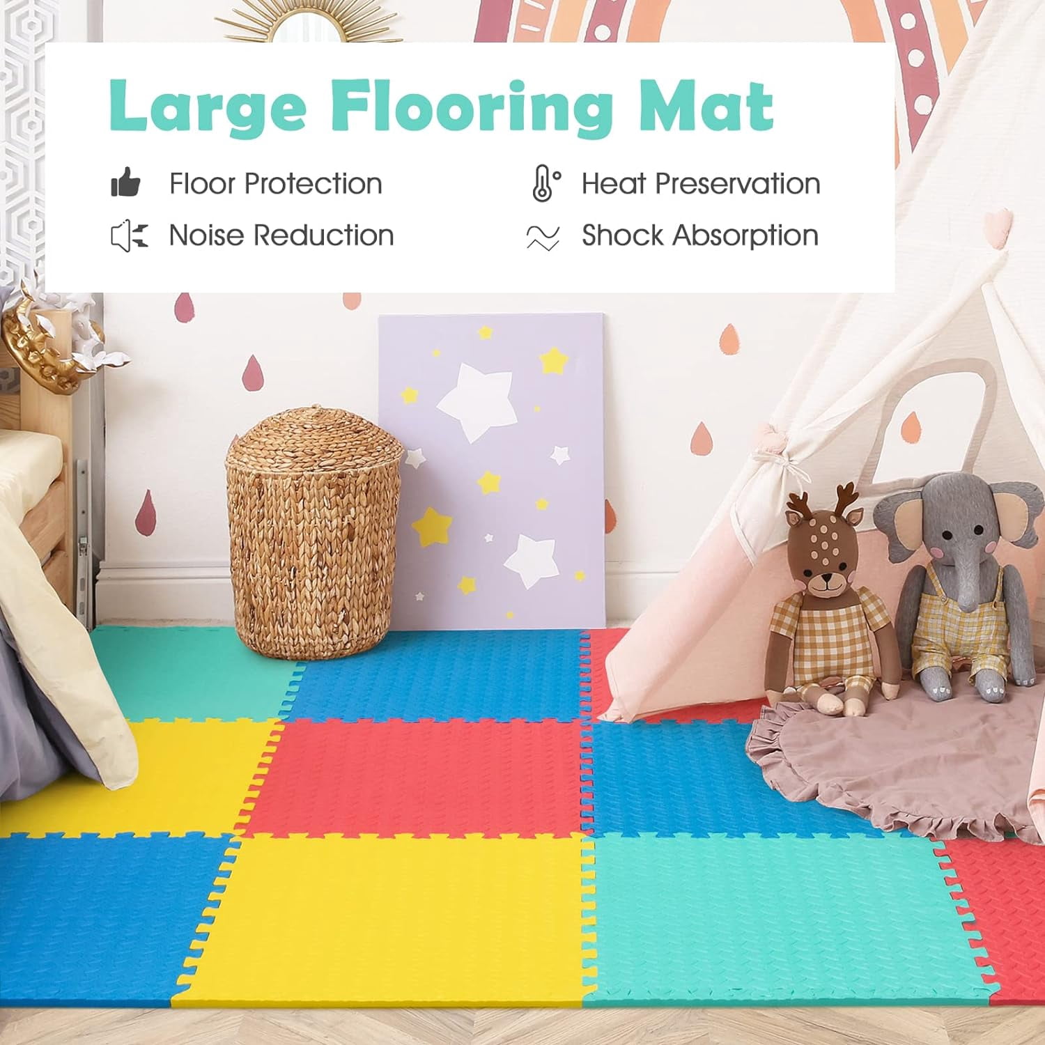WBTER 12 Tiles Exercise Flooring Mats with Border, Non-Slip EVA Foam Protective Mats, Elastic Puzzle Play Mats, 1/2" Interlocking Floor Mats for Home Gym, Fitness Room, Workshop Equipment