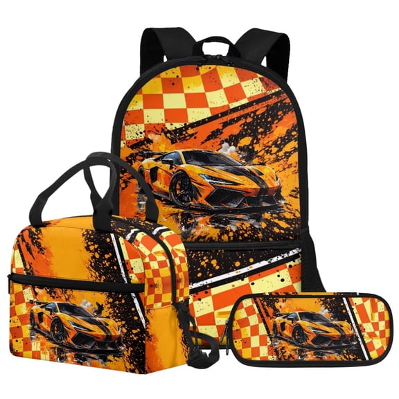 FUIALDOLG Kids Backpack Boys Car Bookbag with Lunch Box Pencil Case 3 Pcs School Bag set Kids 17 Inch Back Pack for Elementary Kindergarten Schoolbag Daypack