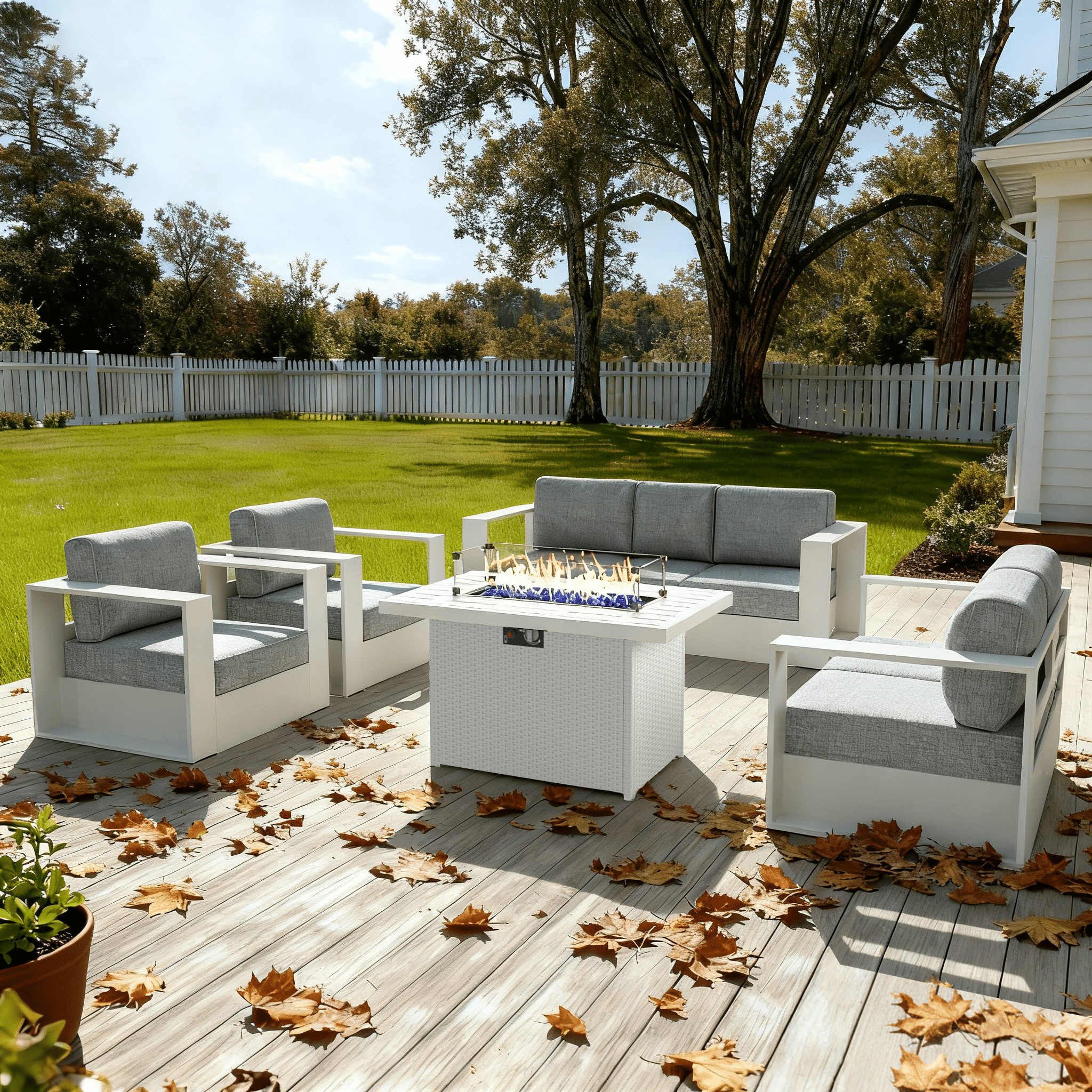 LayinSun Oversized Aluminum Outdoor Furniture Set, 4 Piece Patio Sofa Sets with Fire Pit Table, Deep Seating and Upgraded 6-inch Cushions for Porch, Balcony, Deck
