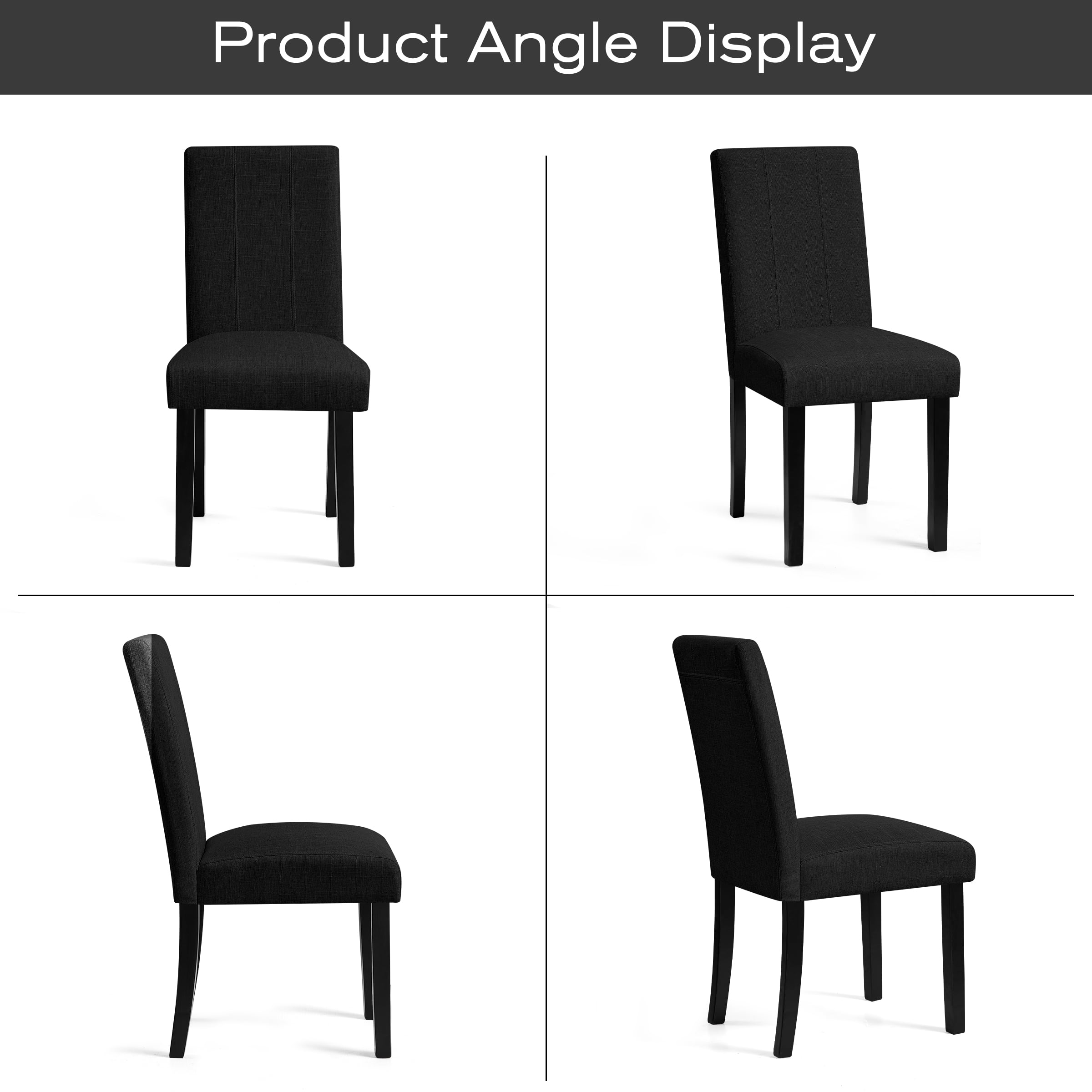CHUN YI Upholstered Dining Chairs Set of 2, Modern Farmhouse Fabric Dining Chairs with Solid Rubberwood Frame for Kitchen & Dining Room, Black