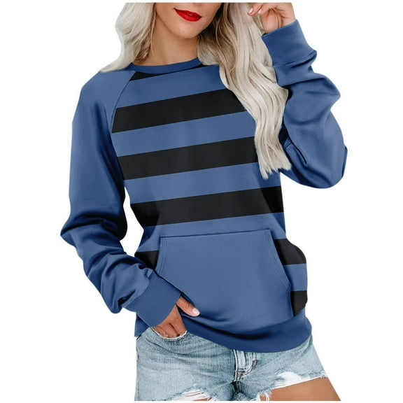 Busydd Sweatshirt for Women Trendy Striped Crewneck Sweatshirts Long Sleeve Fleece Fall Sweatshirt Loose Oversized Sweatshirt Pullover Tops with Pocket