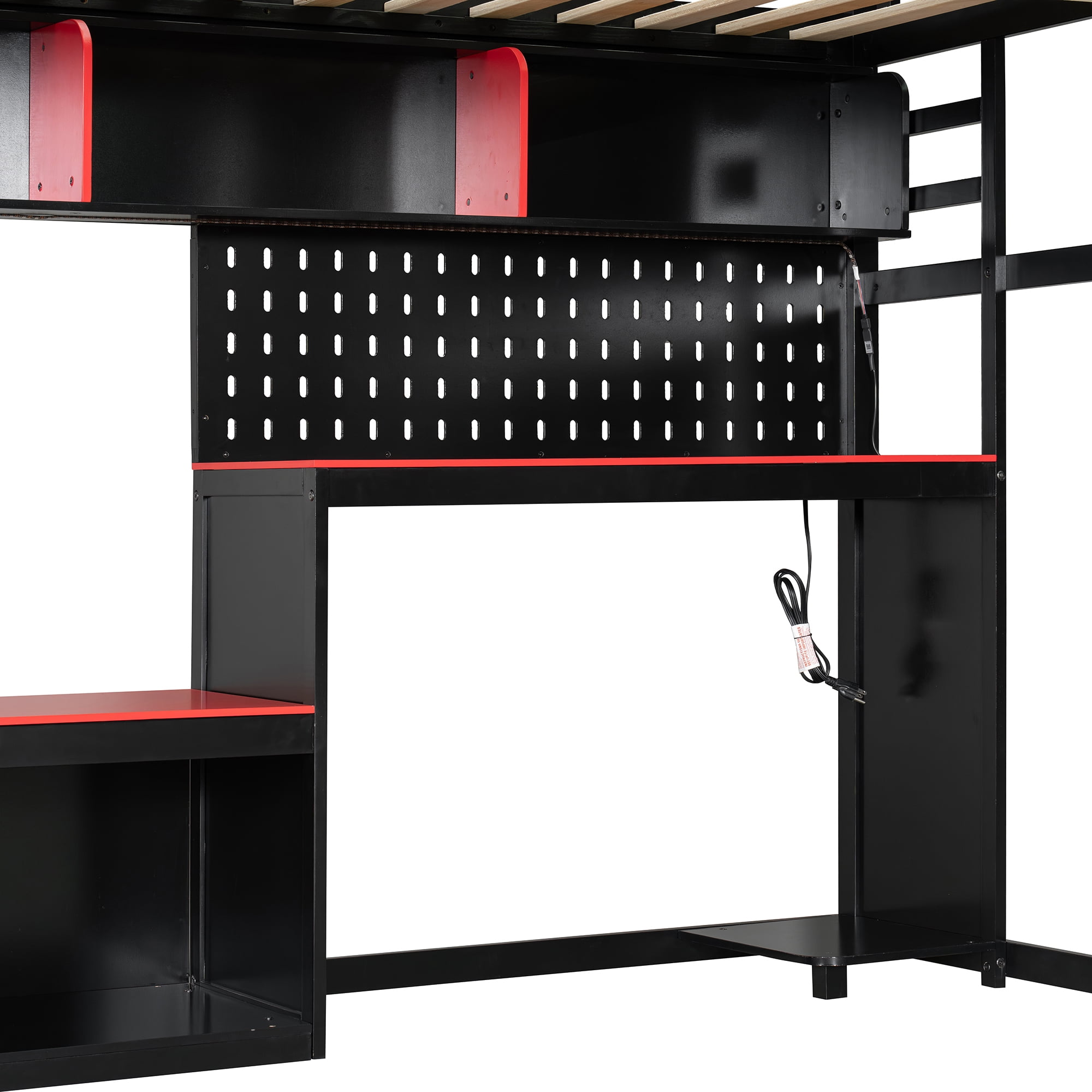 Aukfa Full Size Loft Bed with Desk, Shelves, LED Lights, USB Ports & Pegboard, Wood Gaming Esports Loft Bed with Storage, Red
