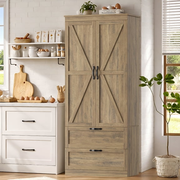 Homfa 70'' Tall Kitchen Pantry with Shelf & Drawer, Farmhouse 2 Door Pantry Storage Cabinet for Dining Room Living Room, Rustic Brown