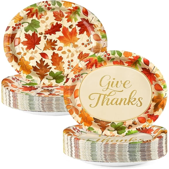 50 count Thanksgiving Oval Paper Plates Disposable, Fall Paper Plates, Large 12.5" x 10.5" Maple Leaf Autumn Dinner Plate, Disposable Fall Party Supplies Thanksgiving Autumn Harvest Table Decor