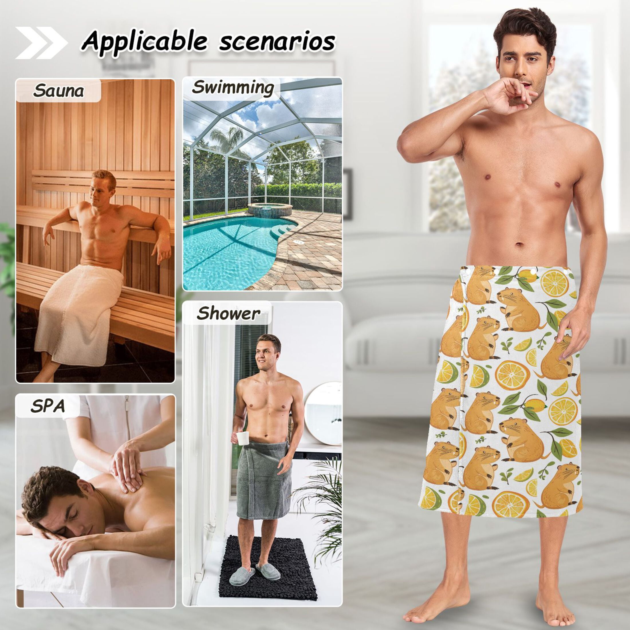 Mens Shower Wrap Adjustable Bath Wrap Towel Body Towels for Gym Shower Sauna Spa Funny Baby Capybaras and Orange 60x28