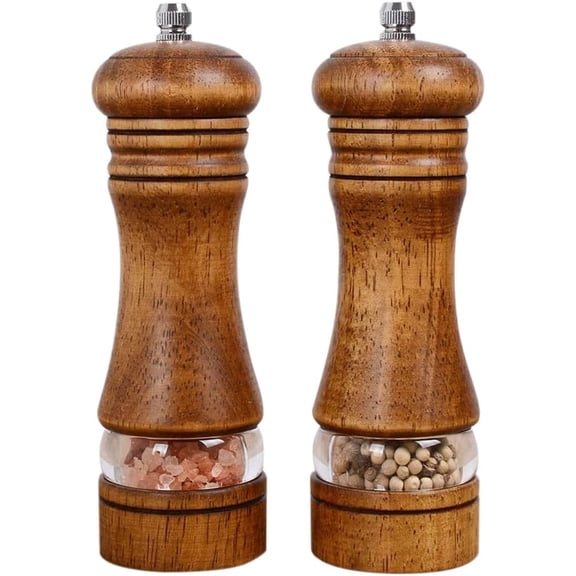 Sugagale 2 Piece Refillable Adjustable Coarseness Solid Oak Wood with Ceramic Stainless Steel Core Brown Salt and Pepper Mill Set