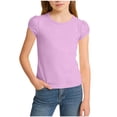 thumbnail image 3 of Yeaiivve Little Girls T-Shirts Puff Short Sleeve Cute Tops Kids Casual Round Neck Blouses Solid Color School Uniform Trendy Going Out Tshirt Purple 120, 3 of 9