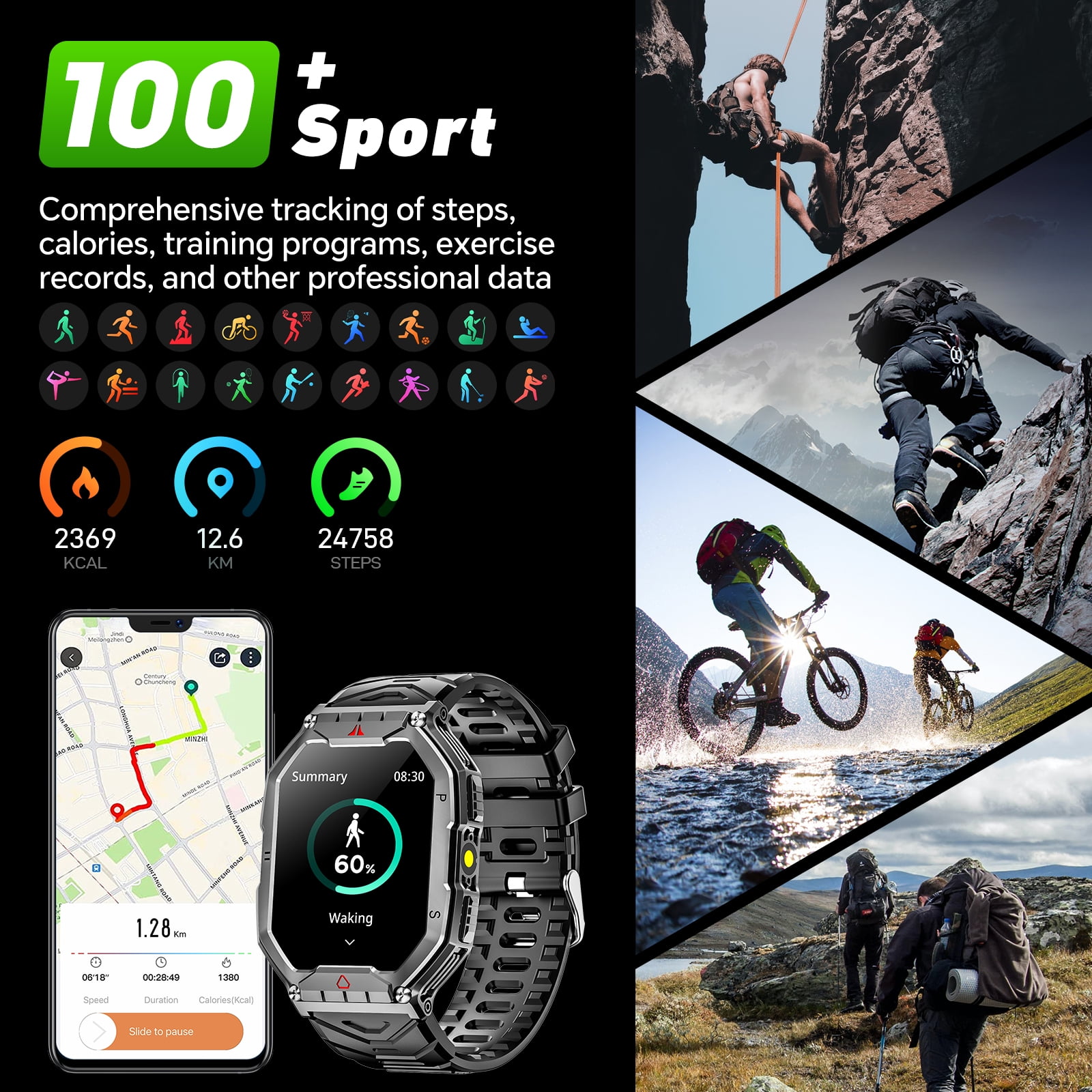 Mingdaln 2.1" AMOLED Men Military Smart watch,with Fitness Tracker/ Answer Make Calls /100+ Sport Modes/1ATM Waterproof, Mountain Travel Pedometer Watch fits for Android and... Mingdaln 2.1" AMOLED Men Military Smart watch,with Fitness Tracker/ Answer Make Calls /100+ Sport Modes/1ATM Waterproof, Mountain Travel Pedometer Watch fits for Android and... - Image 2